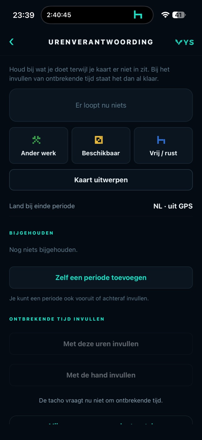 De urenverantwoording met de knoppen ander werk, beschikbaar en vrij of rust, kaart uitwerpen, het land uit GPS en ontbrekende tijd invullen