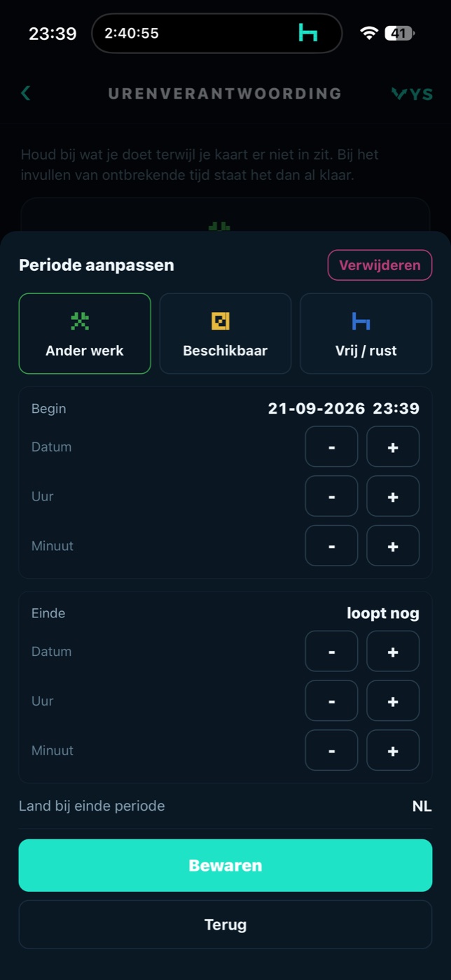 Een periode aanpassen: activiteit, begin en einde per datum, uur en minuut, en het land bij het einde van de periode